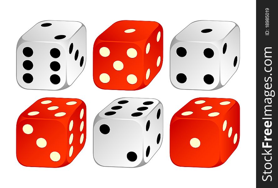 Playing cubes of white and red color on a white background. Playing cubes of white and red color on a white background.