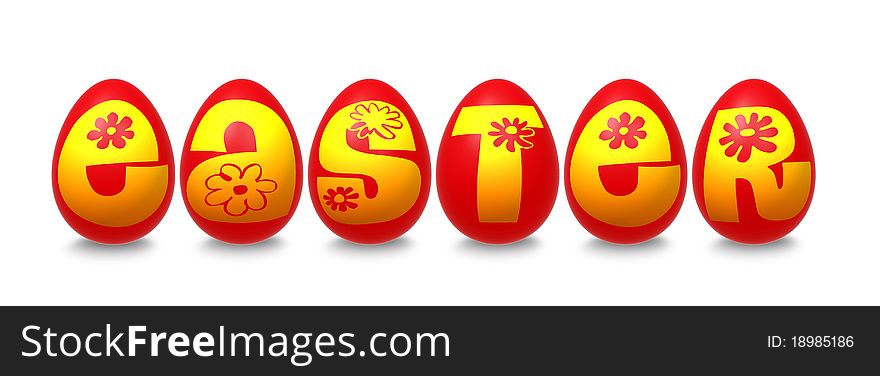 3d red eggs with yellow text easter. 3d red eggs with yellow text easter