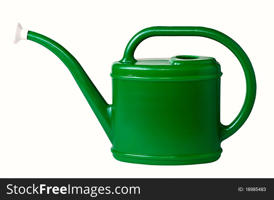 Green plastic watering can, isolated on a white background. Green plastic watering can, isolated on a white background.