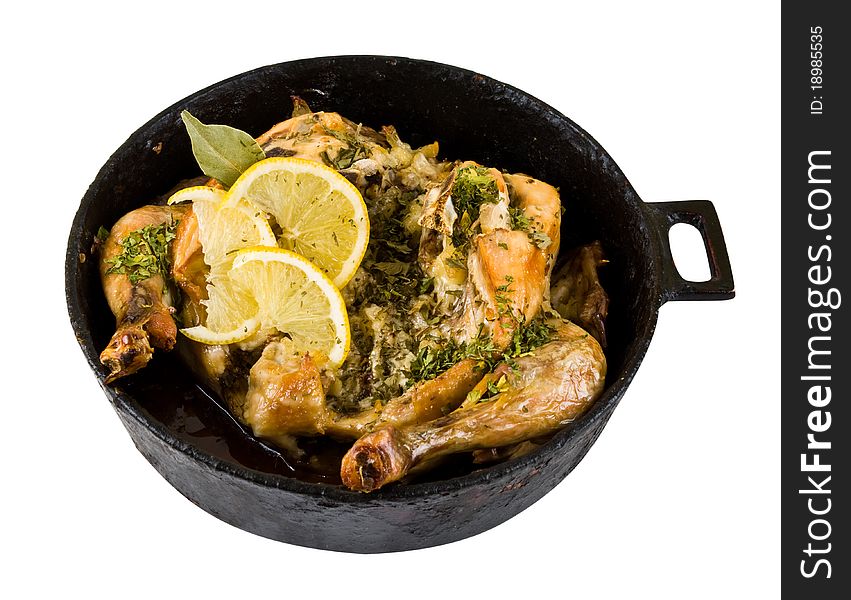 Baked Chicken In A Pan With A White Background