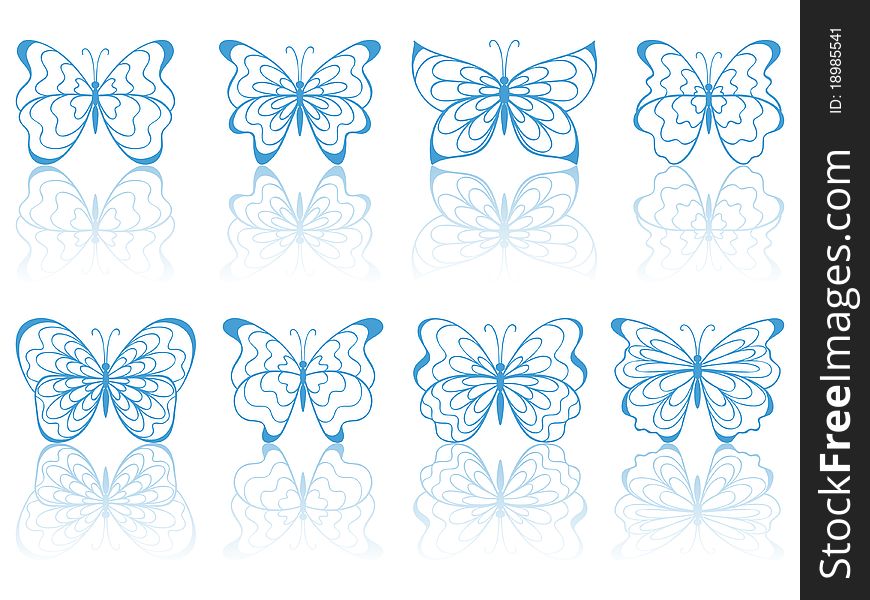 Set of eight blue butterflies with reflection. Set of eight blue butterflies with reflection.