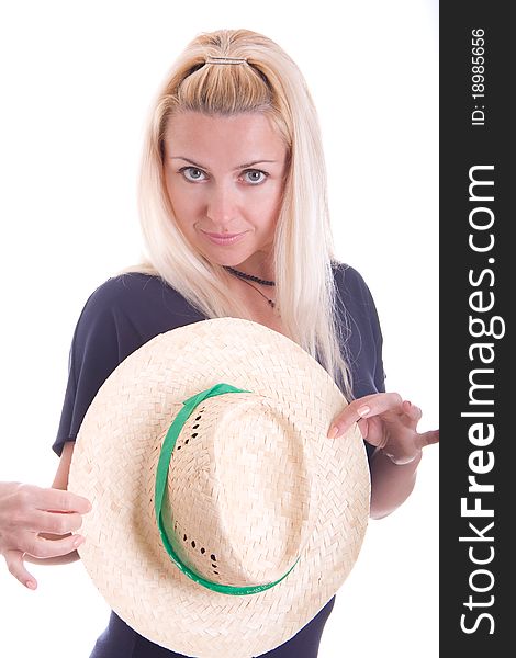 Beautiful Young Blond Woman Holding A Straw Hat