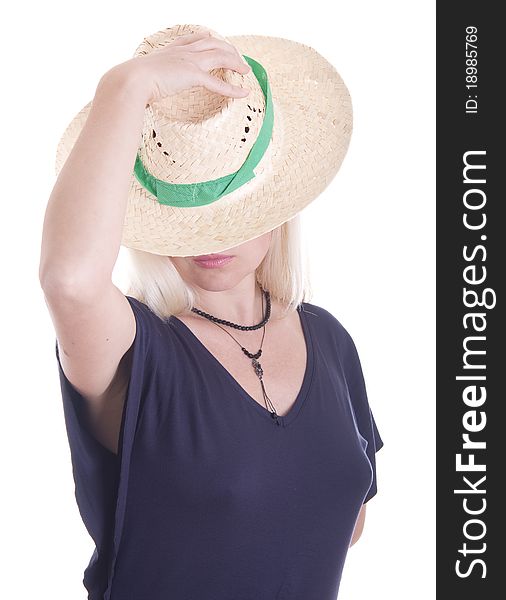 In a straw hat, isolated on white background. In a straw hat, isolated on white background