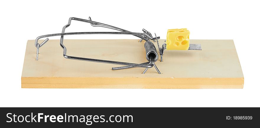 Mousetrap with cheese isolated on white background