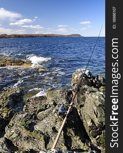 Fishing rood on rocky Swedish coast. Fishing rood on rocky Swedish coast