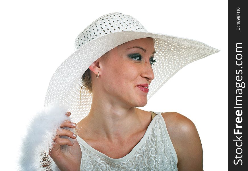 Portrait of beautiful smiling girl in white hat, dress and boa. Isolation on white background