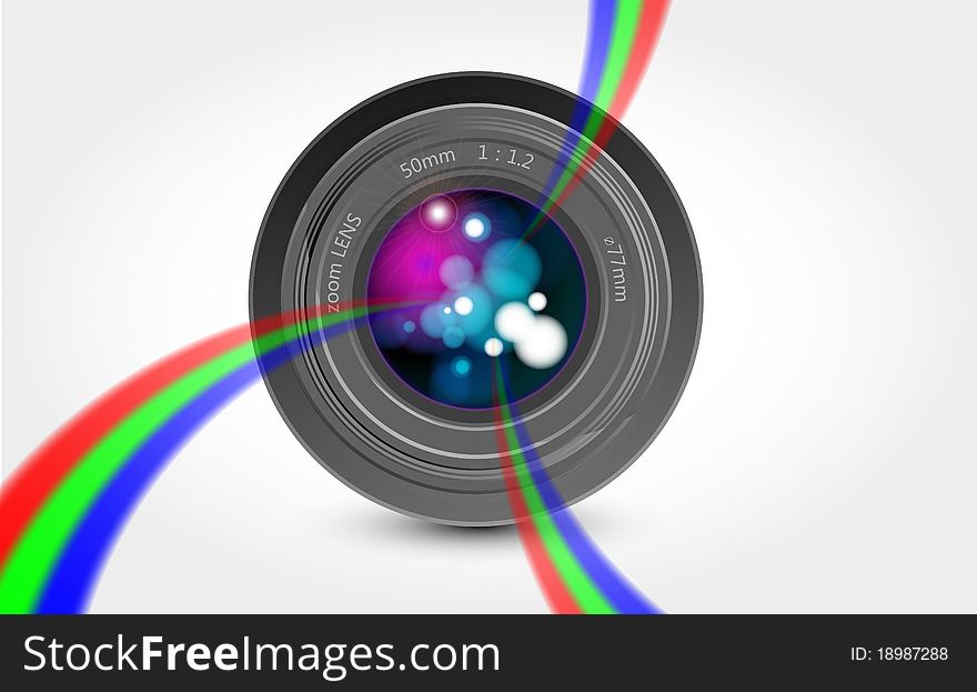 Camera lens and colorful rainbow light. Camera lens and colorful rainbow light