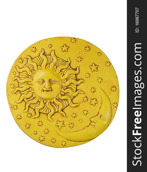 Decorative sculpture with sun and moon isolated over white