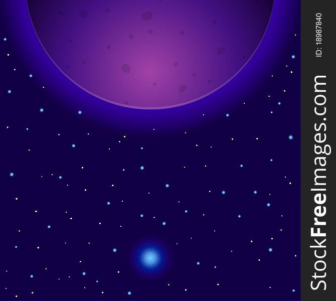 Vector fantastic background, space, violet planet and sun. Vector fantastic background, space, violet planet and sun