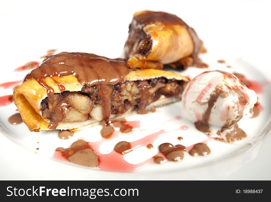 Hot fruits with chocolate and ice cream. Hot fruits with chocolate and ice cream