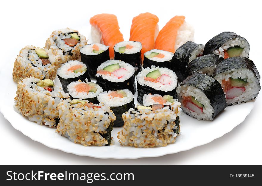 Different Types of Maki Sushi and Nigiri Sushi in Sushi Set. Different Types of Maki Sushi and Nigiri Sushi in Sushi Set