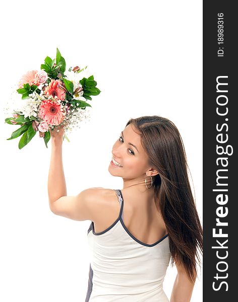 Woman hold and throw away beautiful flowers roses wedding bouquet and various shopping bags on the wrist on a white background. Woman hold and throw away beautiful flowers roses wedding bouquet and various shopping bags on the wrist on a white background.