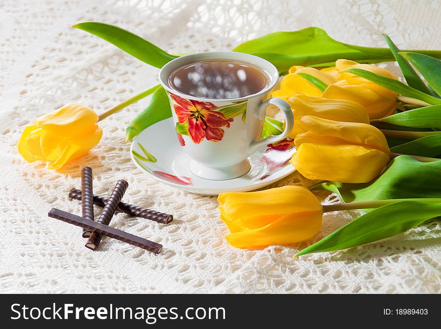 Morning Cup Of Tea With Yellow Tulips