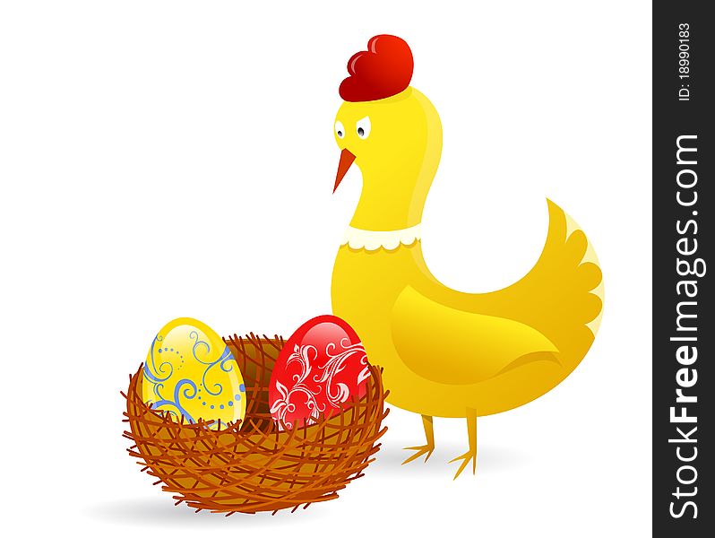 Chicken with Easter eggs in the nest. Chicken with Easter eggs in the nest