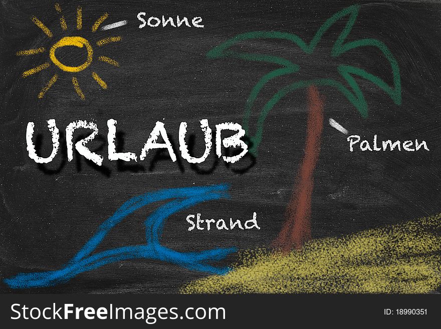 High resolution image with German chalk lettering and summer holiday related drawings. Illustration for vacation planning. High resolution image with German chalk lettering and summer holiday related drawings. Illustration for vacation planning.