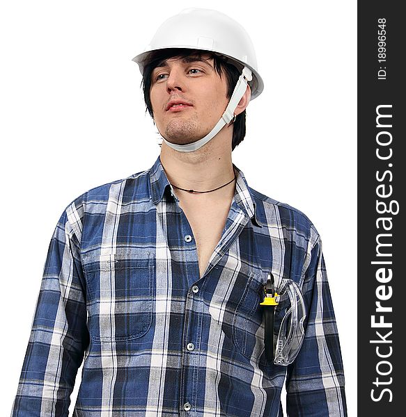 A portrait of young worker wearing protective gear. A portrait of young worker wearing protective gear