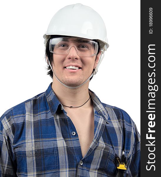 A portrait of young worker wearing protective gear. A portrait of young worker wearing protective gear