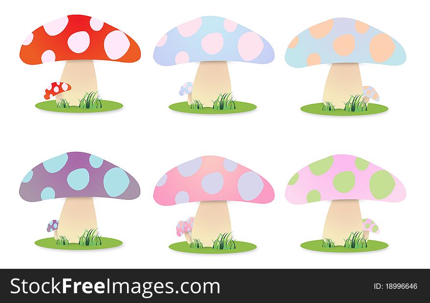 Mushroom illustration in six different colors. Mushroom illustration in six different colors.