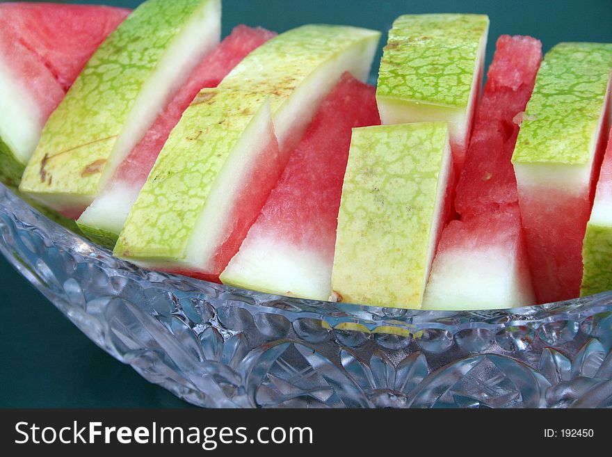 Slices of Watermelon in a Crystal Dish. Slices of Watermelon in a Crystal Dish