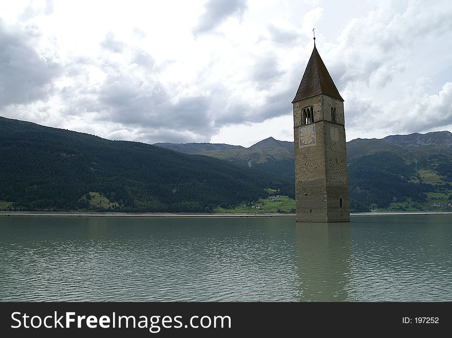 Old church steeple of graun, reschensee