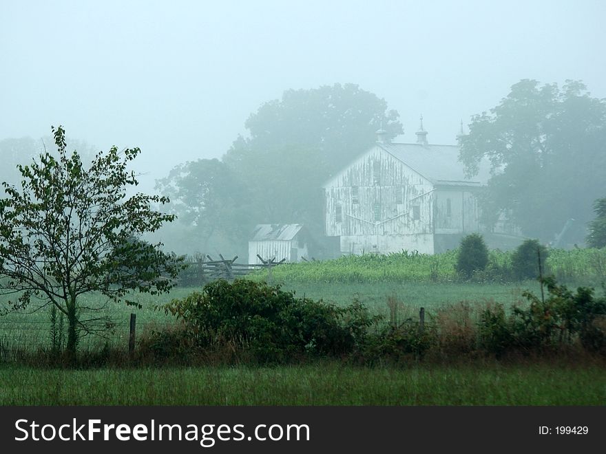 Barn in mist. Barn in mist