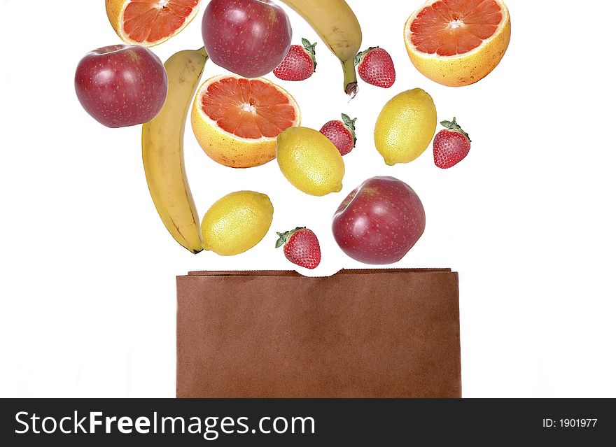 A grocery bag with fruit suspended above it. A grocery bag with fruit suspended above it.
