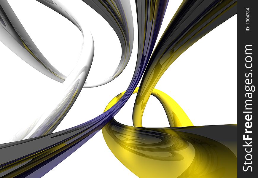 An abastract 3D image of twising and turning blue, yellow, and white chorme. An abastract 3D image of twising and turning blue, yellow, and white chorme