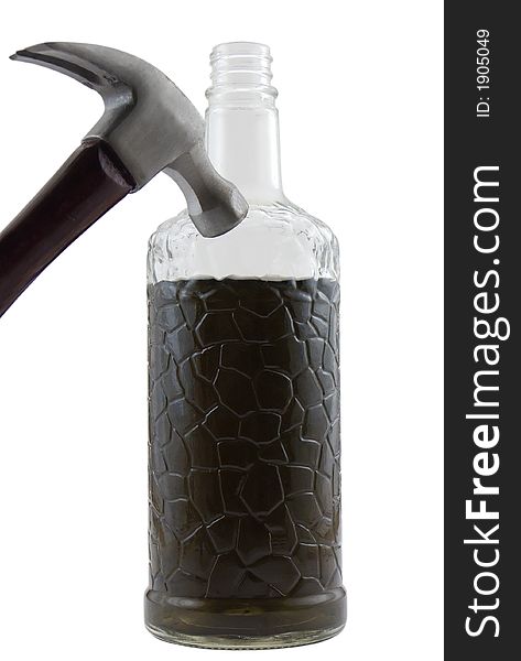 Photo of a cracked glass bottle with a hammer striking it, isolated on white. Photo of a cracked glass bottle with a hammer striking it, isolated on white