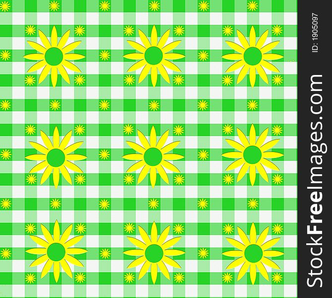 A green gingham background with yellow flowers. A green gingham background with yellow flowers.