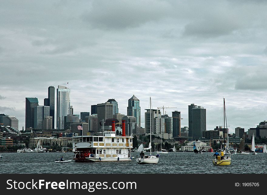 Vintage Paddle Wheel cruising Lake Unino in Seattle, WA. Vintage Paddle Wheel cruising Lake Unino in Seattle, WA