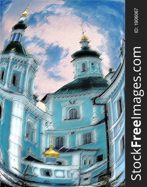 Illustration of St. Voskresensky cathedral in Ukrainian city of Sumy