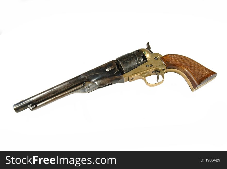 A copy of an antique Colt Navy blackpowder repeating revolver on a white background. A copy of an antique Colt Navy blackpowder repeating revolver on a white background