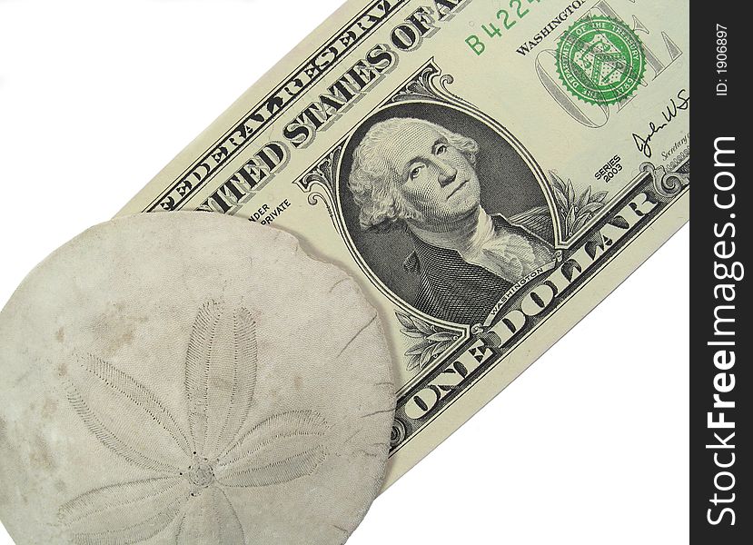 A slightly battered sand dollar rests on top of a U.S. dollar. A slightly battered sand dollar rests on top of a U.S. dollar.