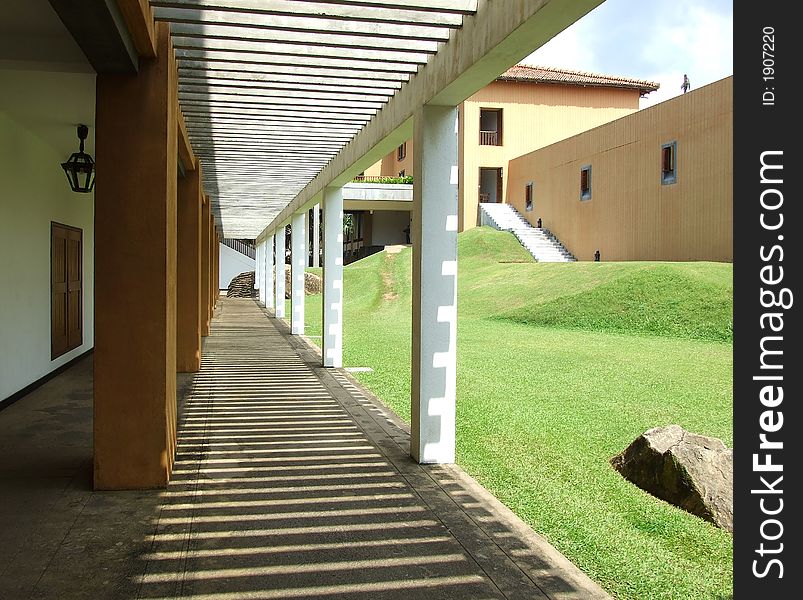 Hotel walkway to rooms and garden