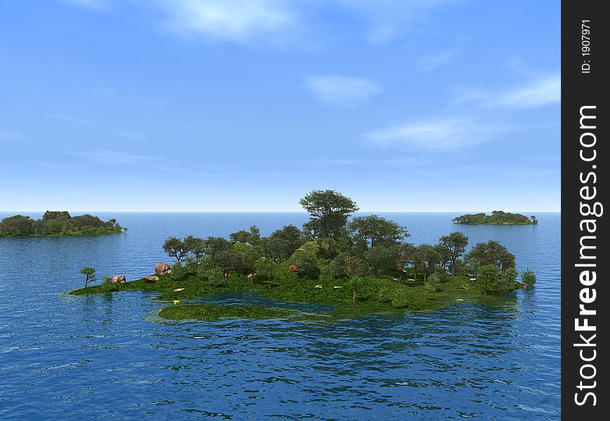 Three green islands with trees - 3d illustration. Three green islands with trees - 3d illustration.