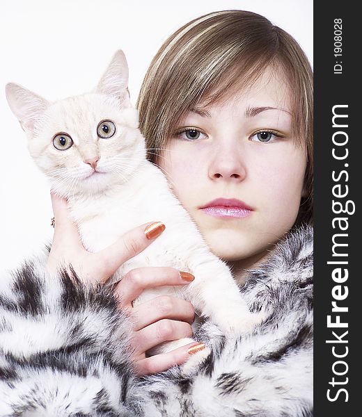 Portrait of the young beautiful glamour woman with cat. Portrait of the young beautiful glamour woman with cat