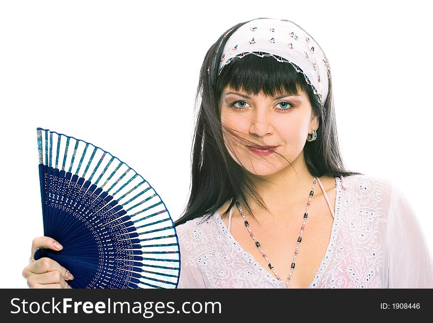 Beauty eastern girl with fan on white background