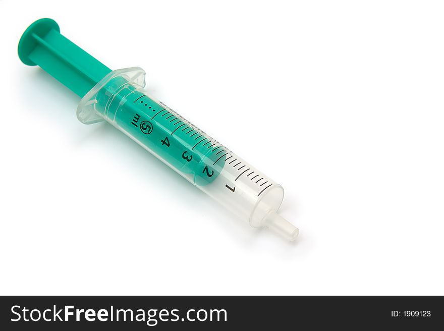 6ml clear plastic medicine syringe. Isolated on white.