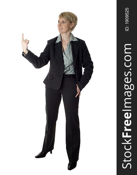 Business women holding something on finger on white