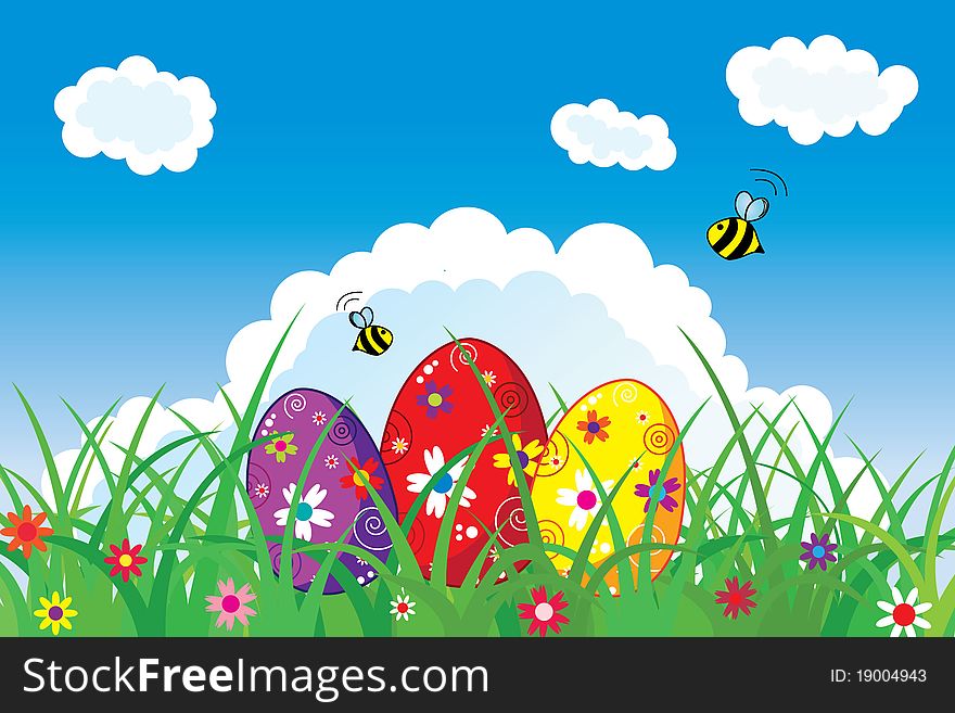 Easter postcard with colored eggs in nature