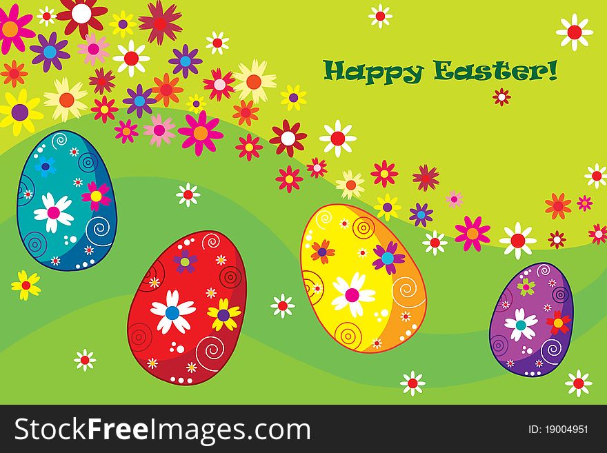 Happy Easter illustration with colored eggs can be used as postcard. Happy Easter illustration with colored eggs can be used as postcard