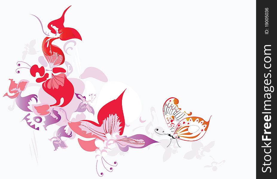Floral background in red colors with butterfly