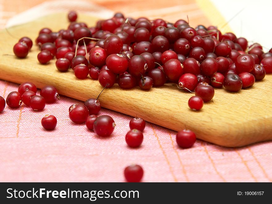 Closeup of the wild cranberries poured out on the table