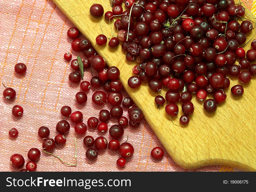 Wild cranberries on the tablecloth and hardboard