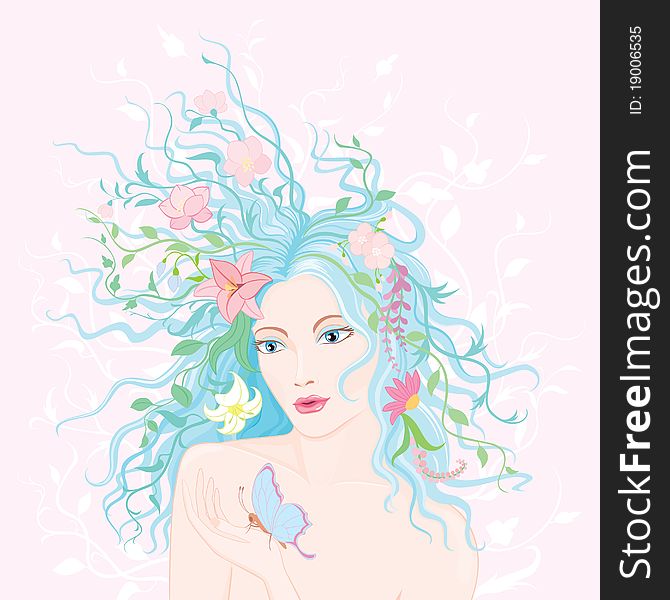 Beautiful woman with flower in her hair. Vector illustration. Beautiful woman with flower in her hair. Vector illustration.