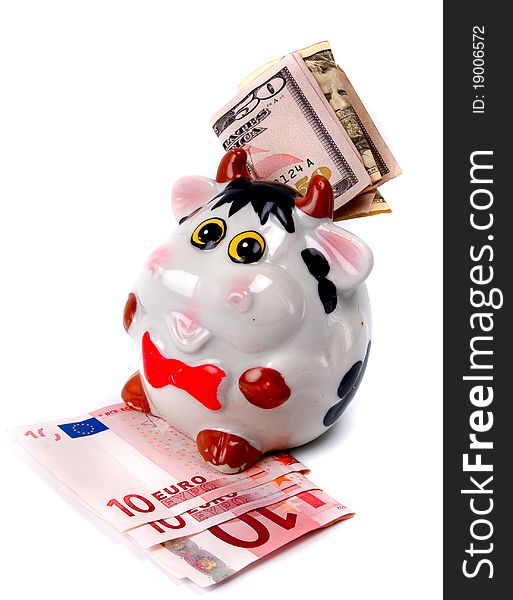 Moneybox with banknote on white background