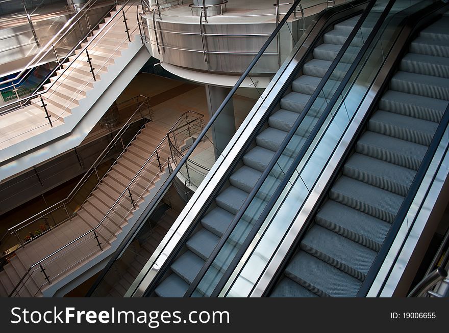 Escalators and stairs in a modern office building