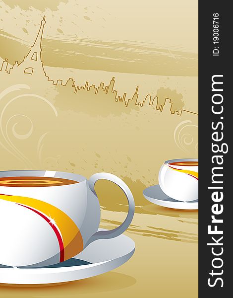 Illuistration of cup of coffee on cityscape background with eiffel tower. Illuistration of cup of coffee on cityscape background with eiffel tower