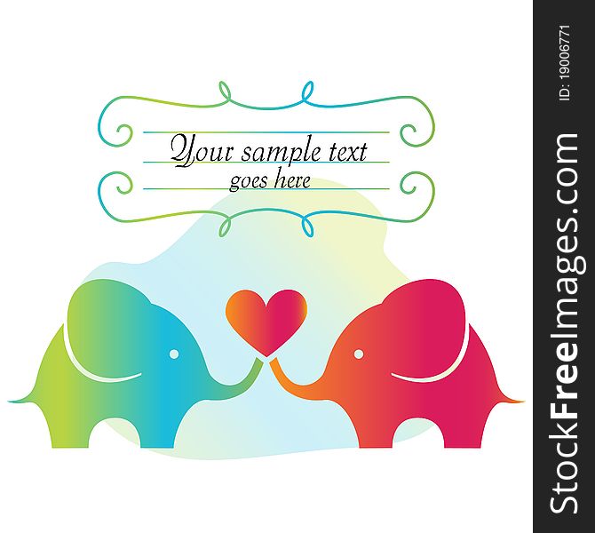 Beautiful greeting card with frame for text and baby elephants holding heart.