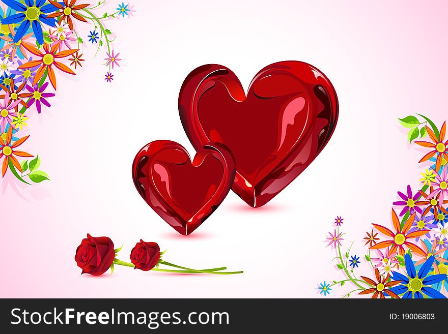 Illustration of heart with rose on floral background. Illustration of heart with rose on floral background